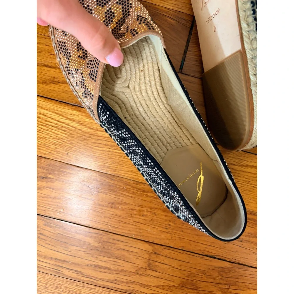Brian Atwood Leopard Crystal Espadrille Flats Womens 8 Mixed Print Rhinestone